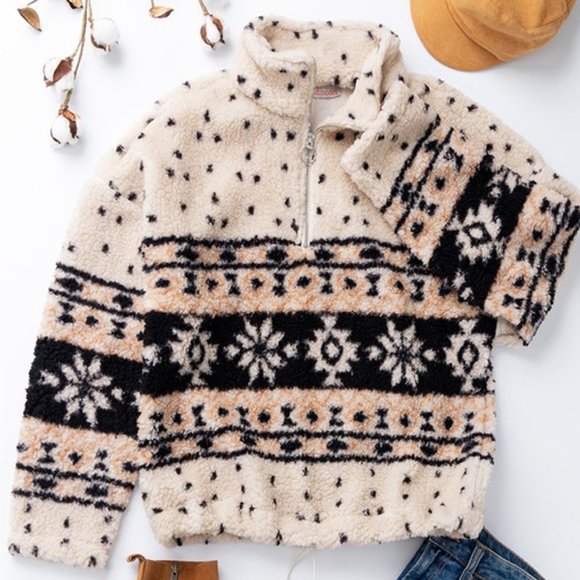 NEW Cream Aztec Sherpa Half Zip Pullover Sweater - Picture 8 of 10